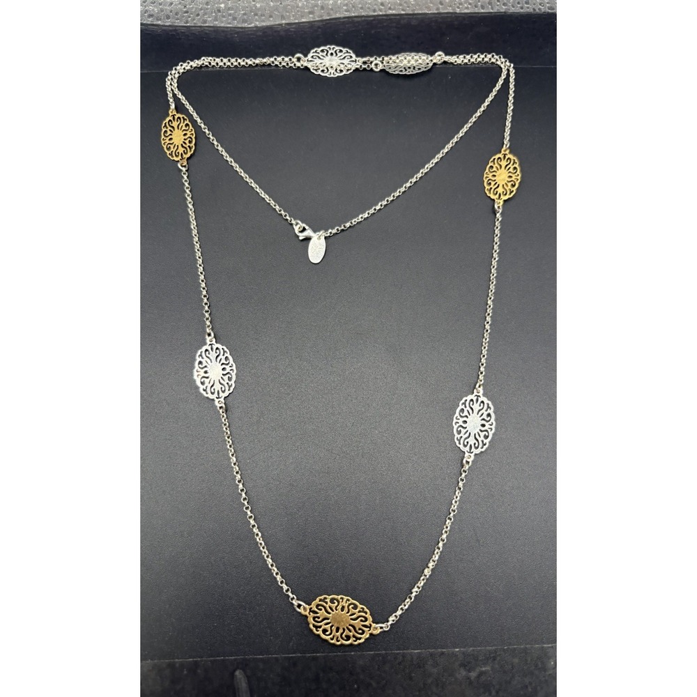 34" Sterling Silver Two Tone Scroll Station Necklace 7 Grams F1